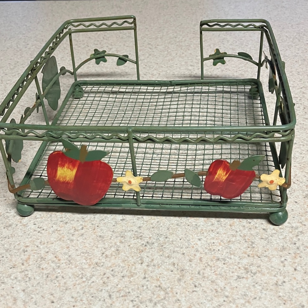 Green Metal Napkin Holder with Red Apple Accents